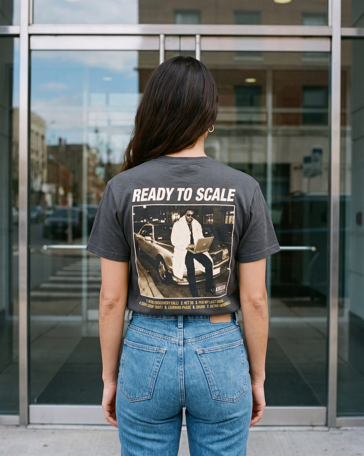 The Ready To Scale Album Tee, worn
