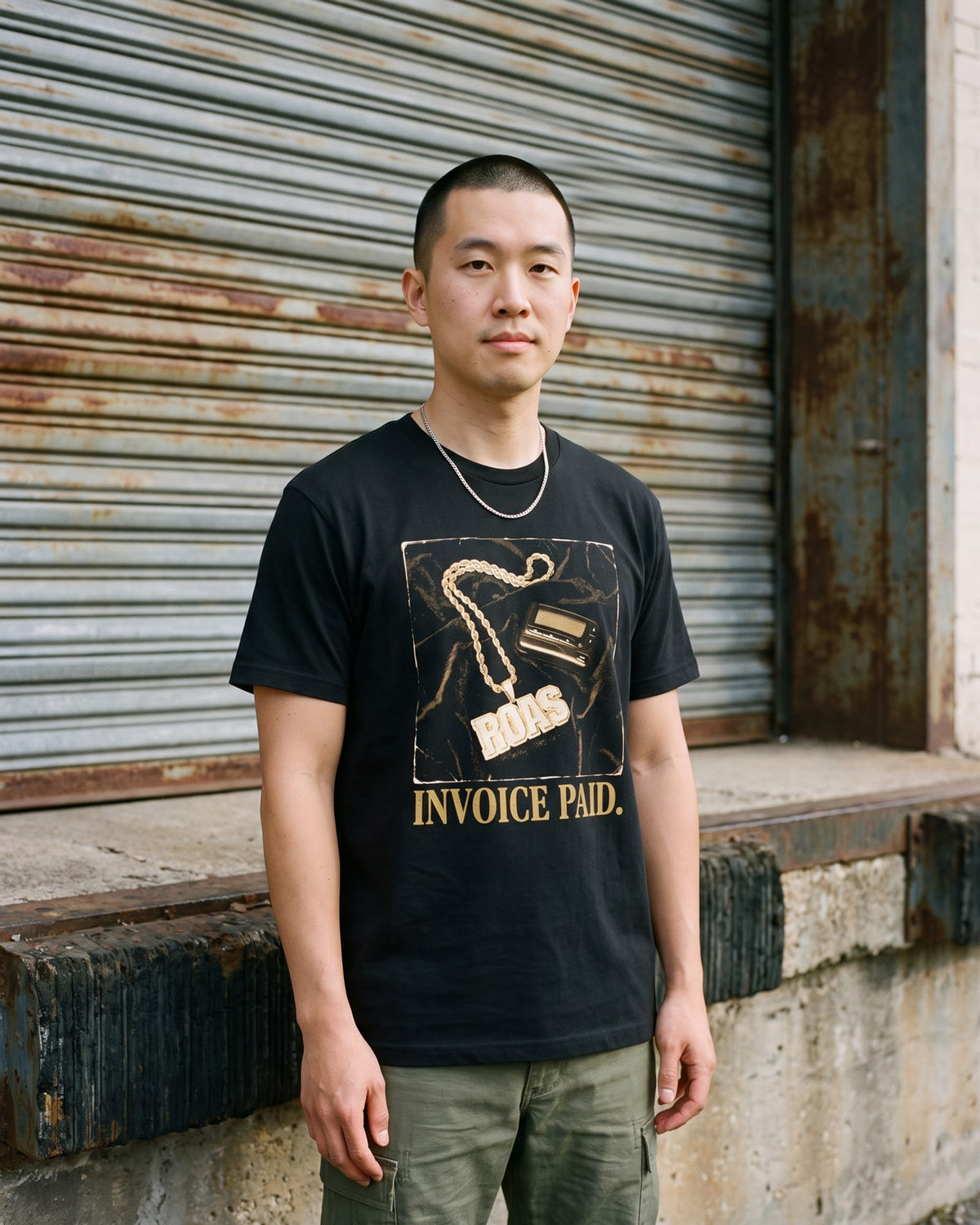 The Invoice Paid Chain Tee, worn