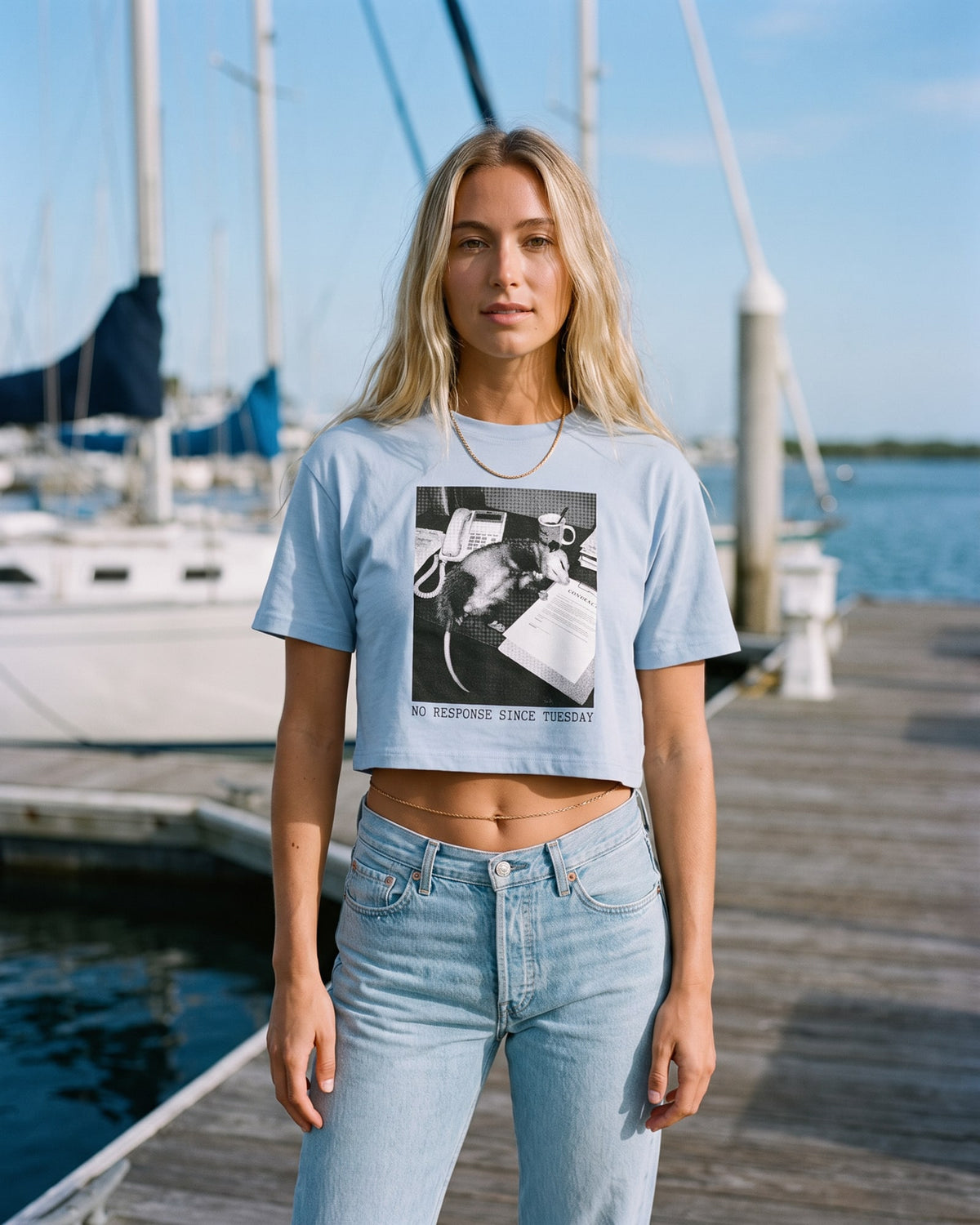 The No Response Since Tuesday Crop Tee, worn