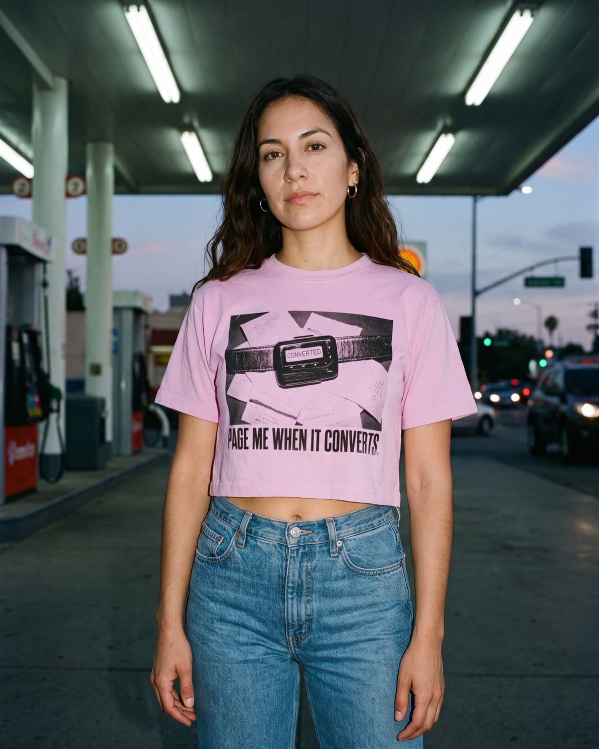 The Page Me When It Converts Crop Tee, worn