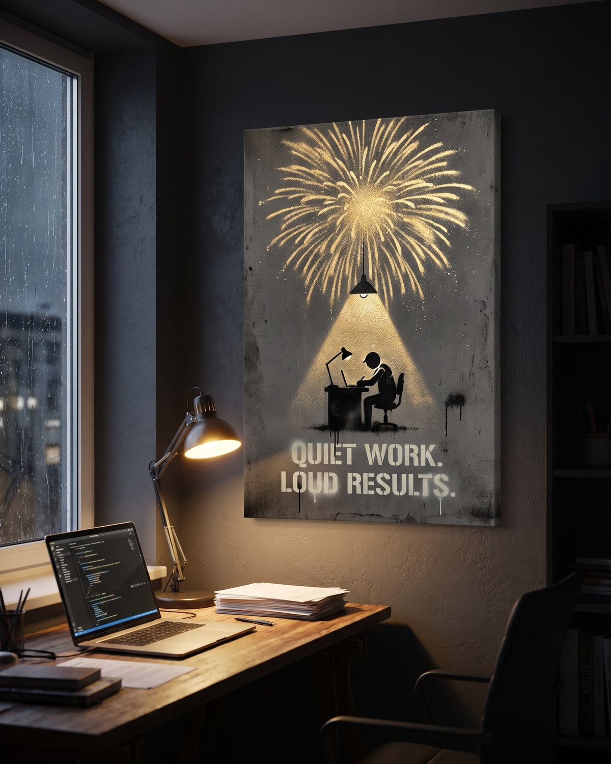 Quiet Work canvas, hanging