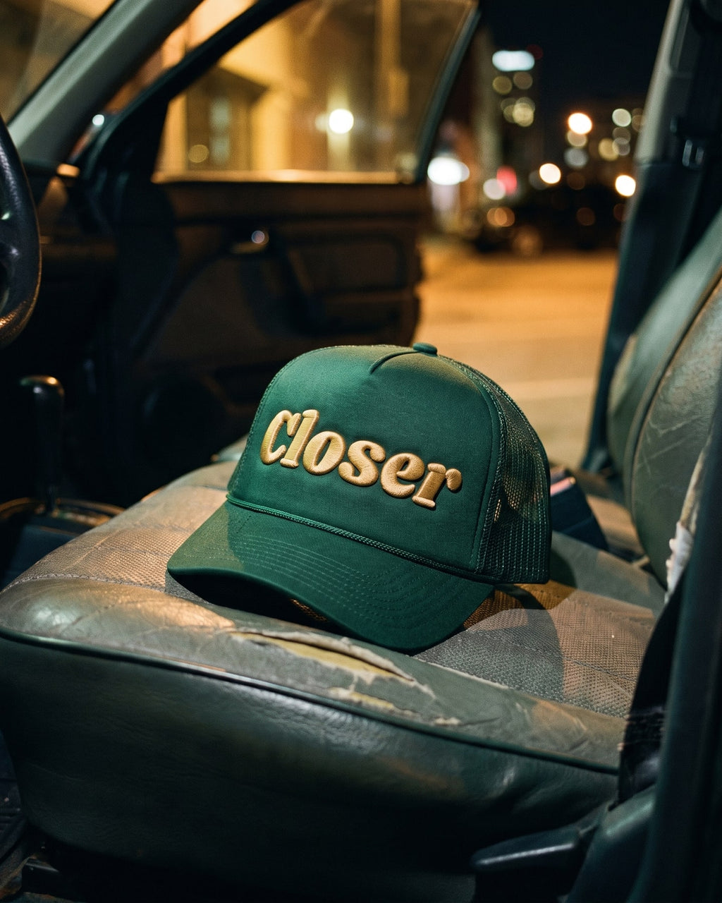 The Closer Cap, close-up of the puff embroidery