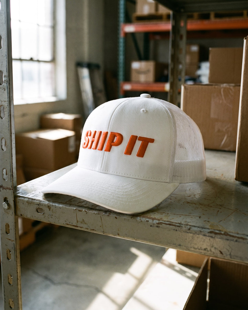 The Ship It Cap, close-up of the puff embroidery