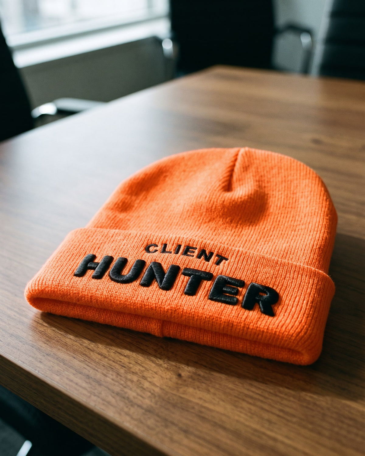 The Client Hunter Beanie, close-up of the puff embroidery