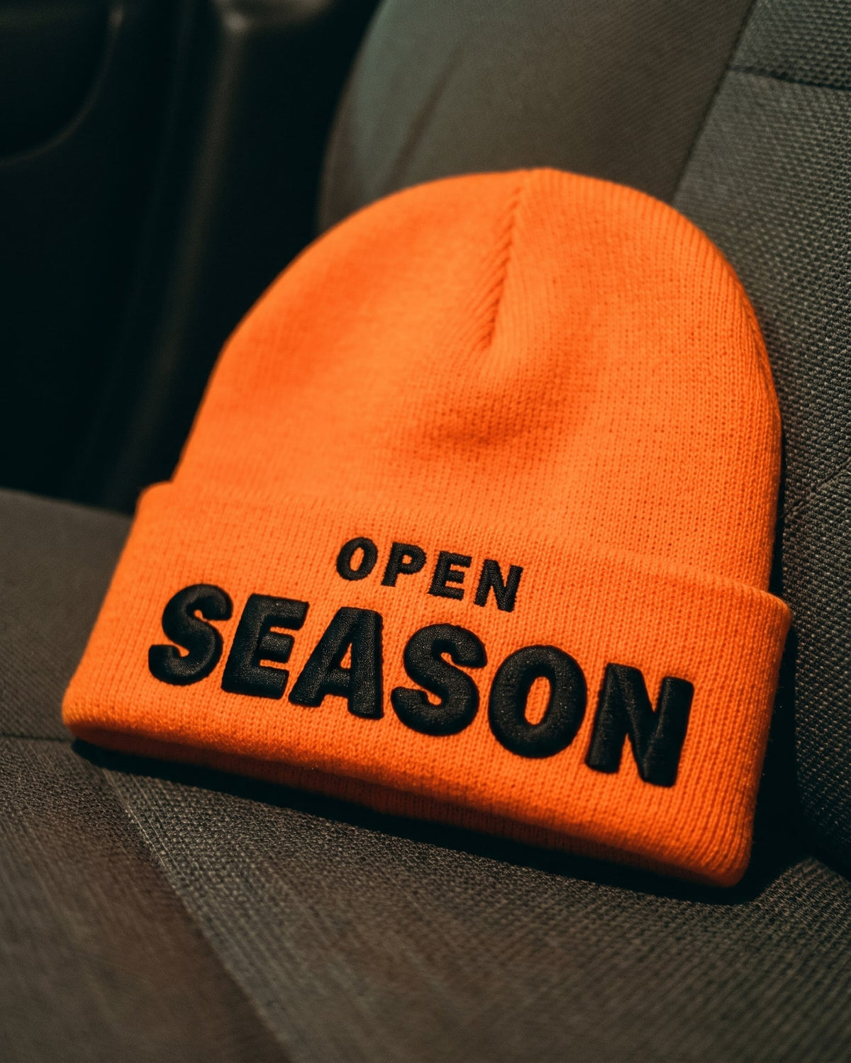 The Open Season Beanie, close-up of the puff embroidery