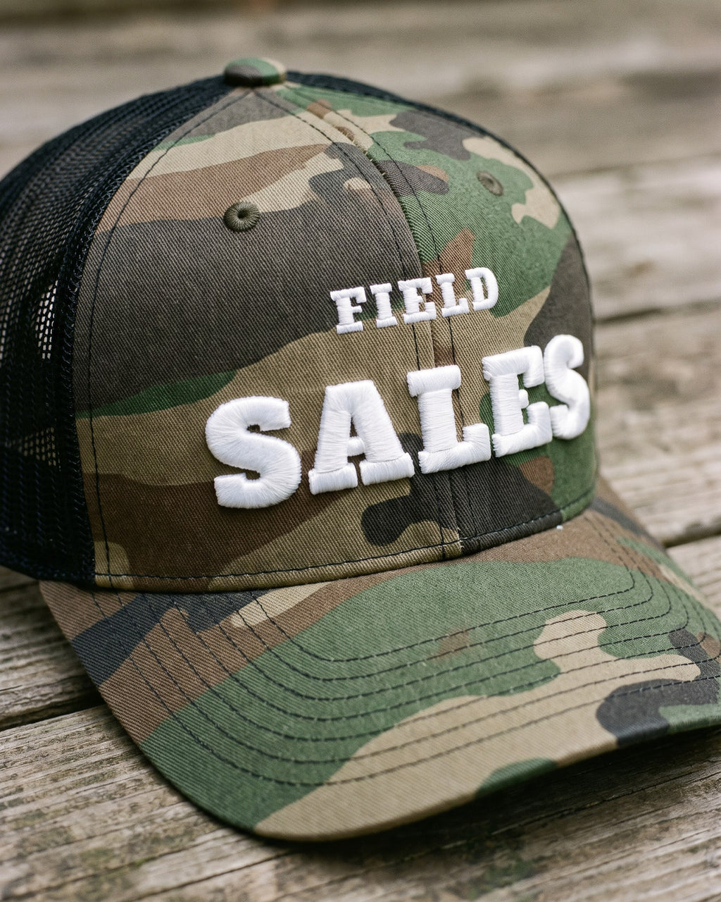 The Field Sales Trucker, close-up of the puff embroidery