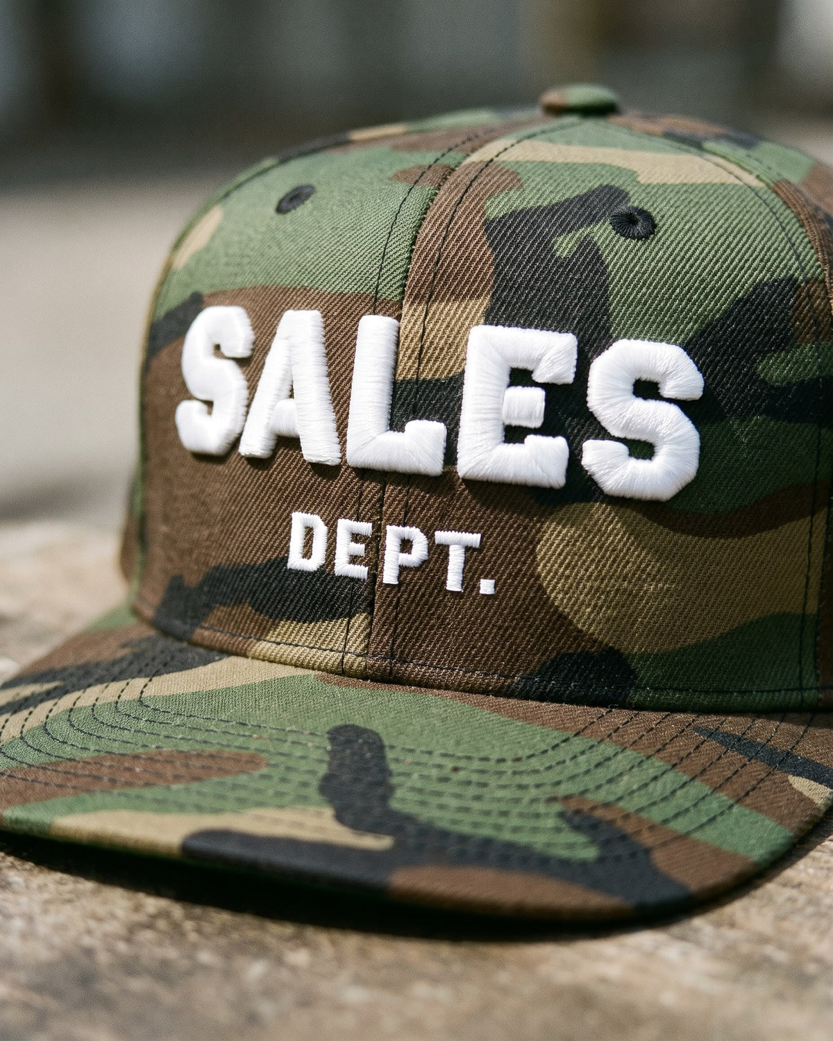The Sales Dept. Snapback, close-up of the puff embroidery