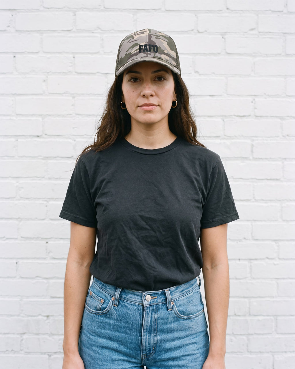 The FAFO Camo Trucker, worn
