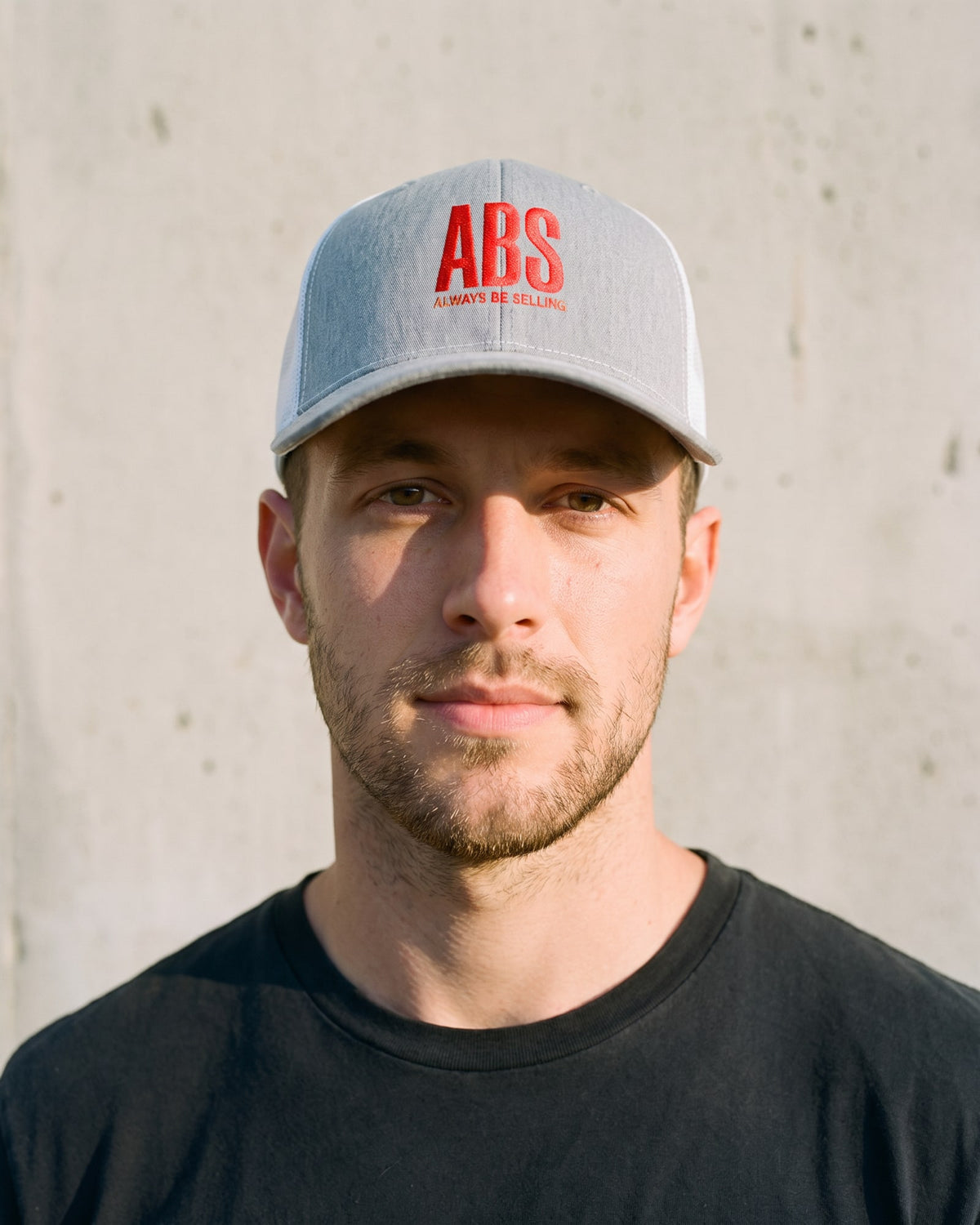 The Always Be Selling Trucker, worn close-up