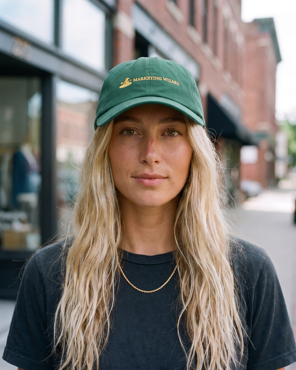 The Marketing Wizard Cap, worn close-up