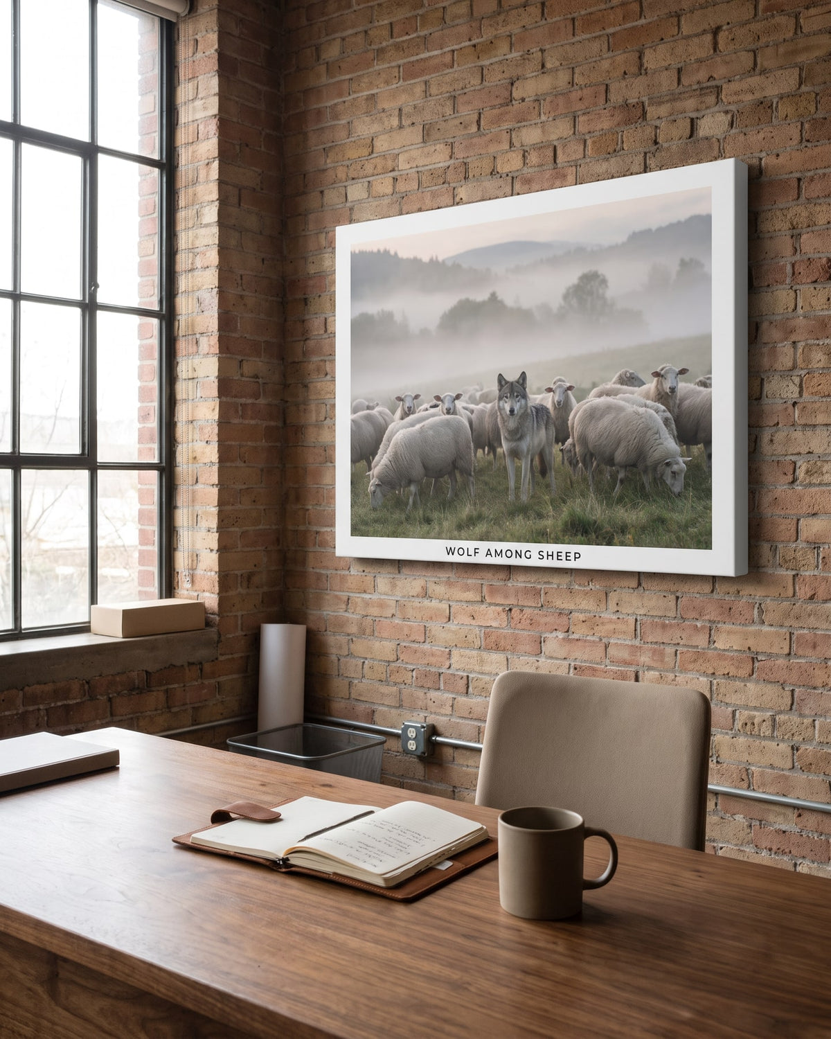 Wolf Among Sheep canvas, hanging