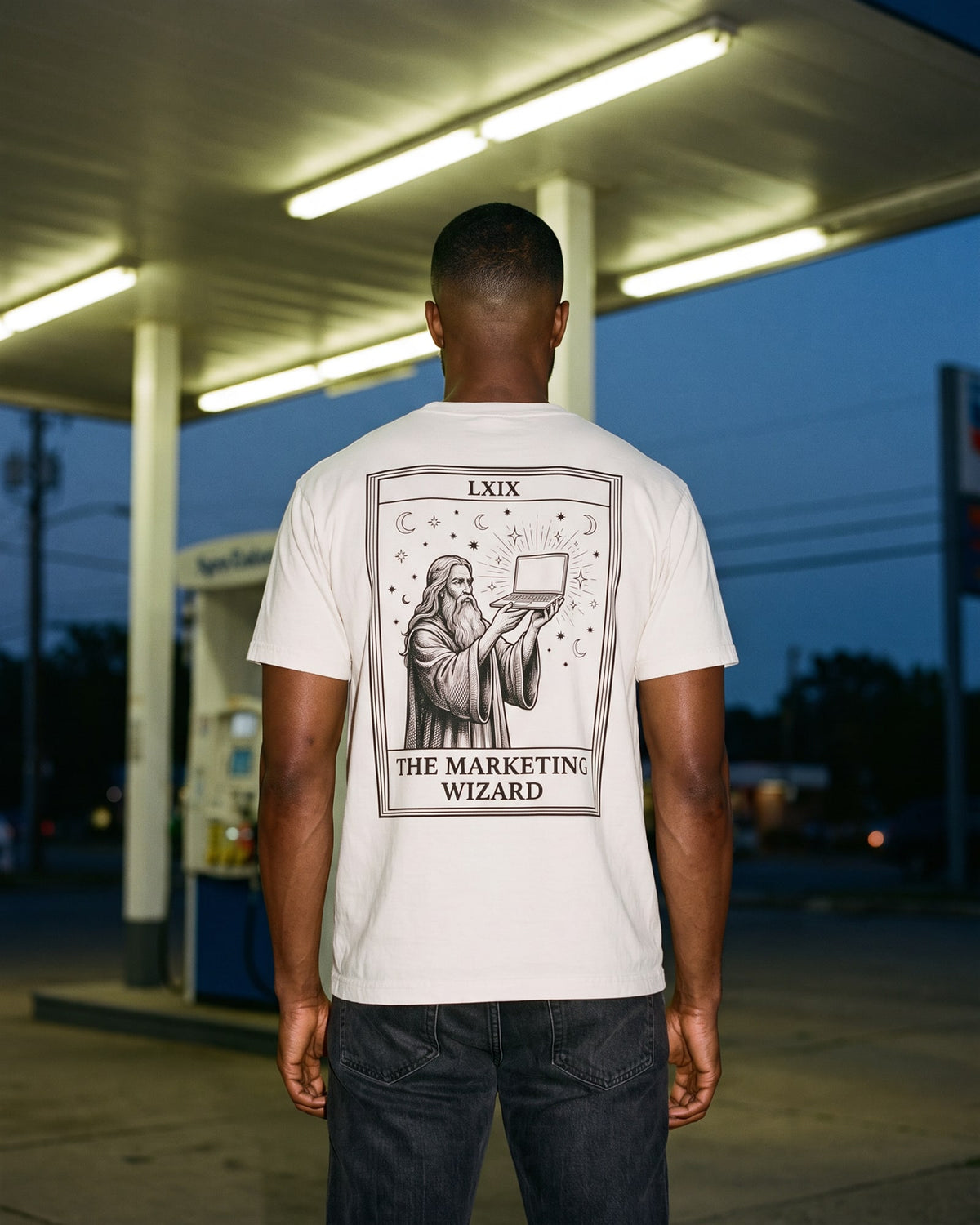 The Marketing Wizard Tarot Tee, worn
