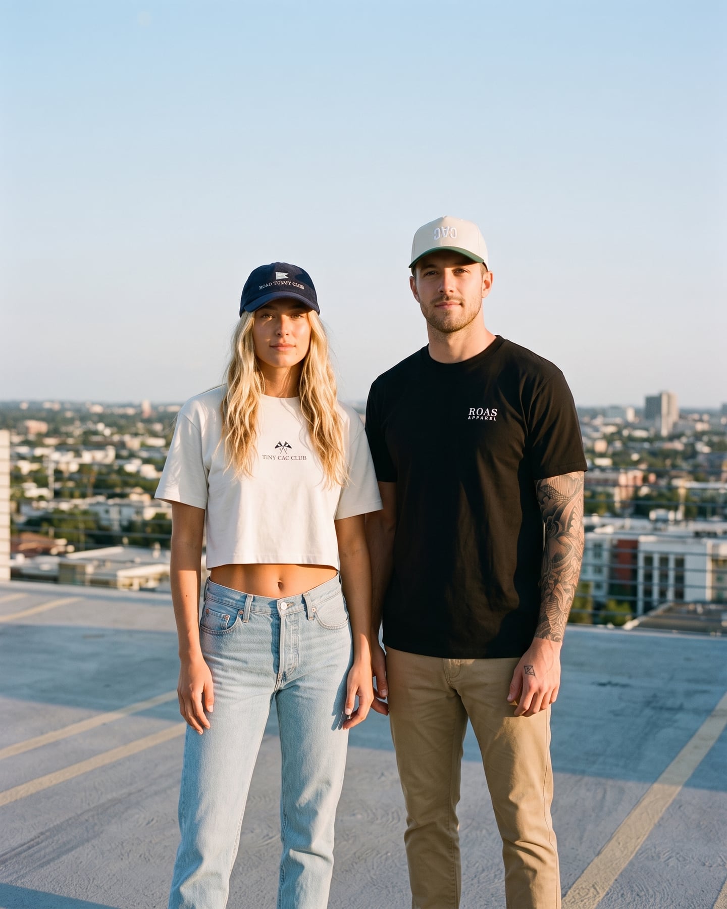 Two people in ROAS Apparel tees and caps